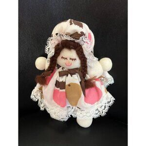 Vtg Handmade Little Girl Doll With Brown Braids With a Granny Hat Abstract Dress